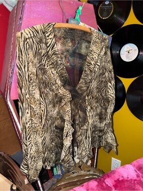 Y2K Animal Print Ruffle Front Women's Top - Beige/Black